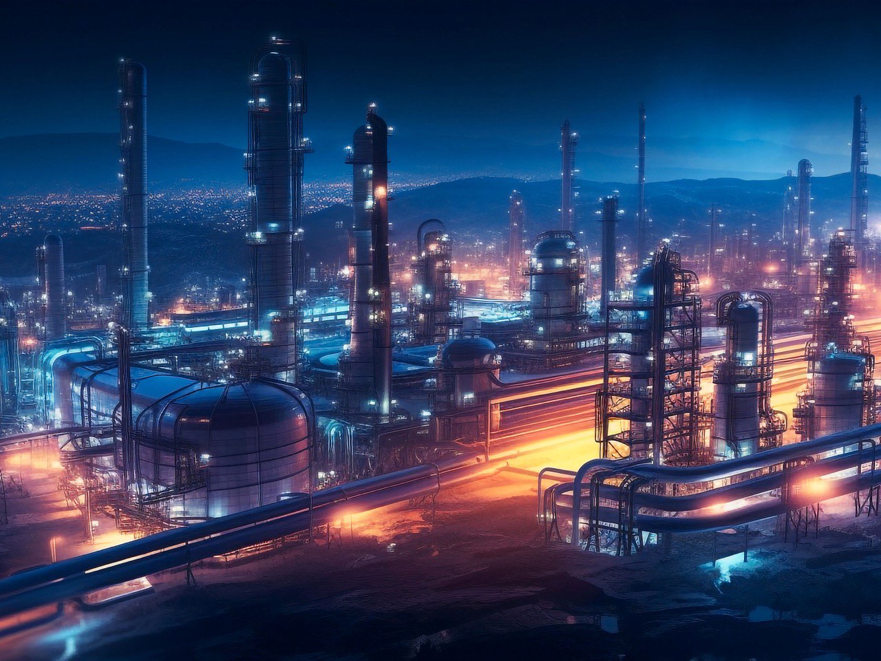 Refinery towers at night