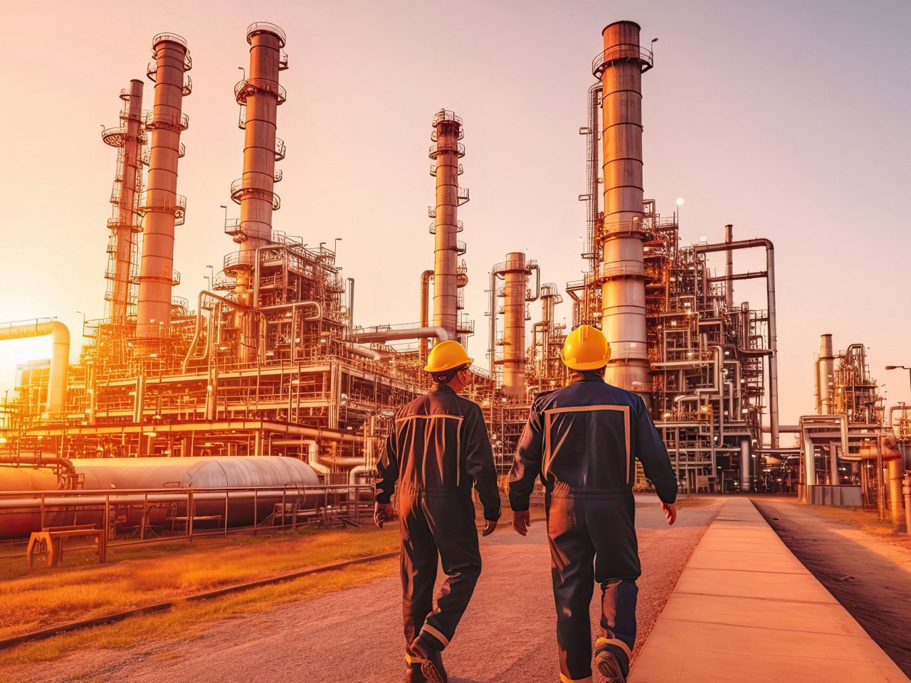 Refinery construction site at sunset